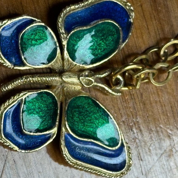 Gold Butterfly Necklace with Green and Blue enamel Accents. Signed Florenza - Picture 5 of 7